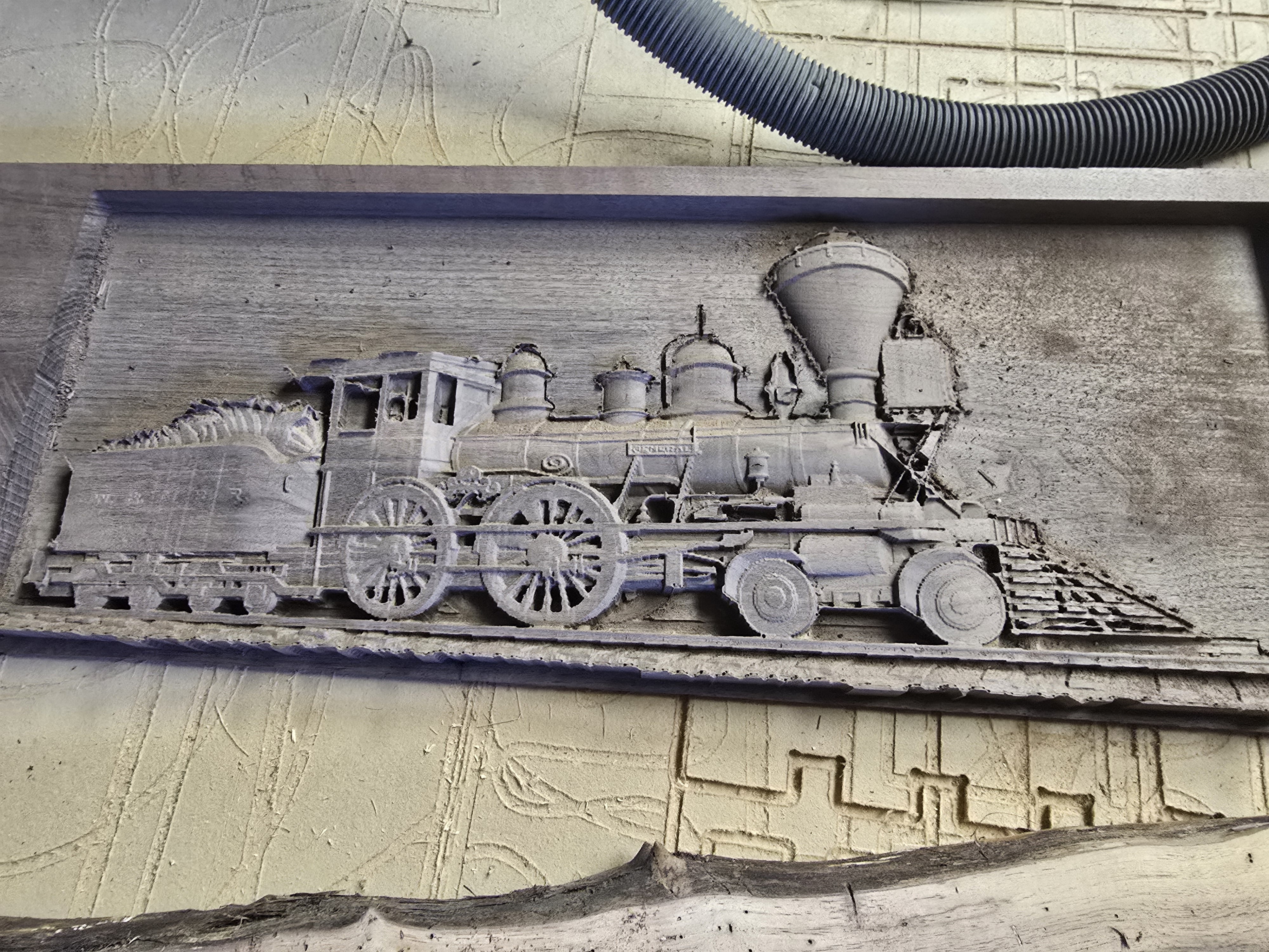 Steam Locomotive 3D Relief CNC Carving in Progress