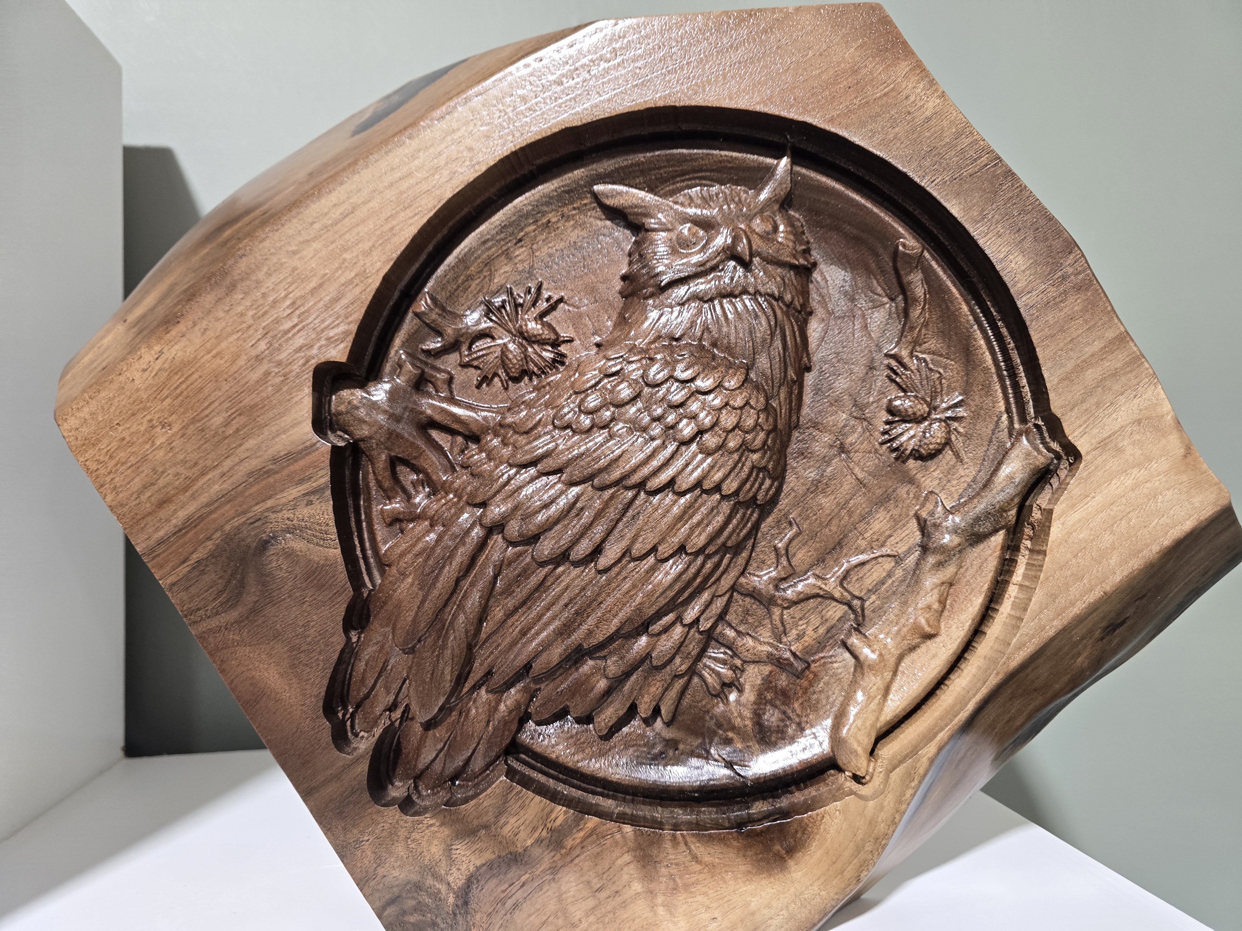 Great Horned Owl 3D Relief Carving in Live Edge Walnut