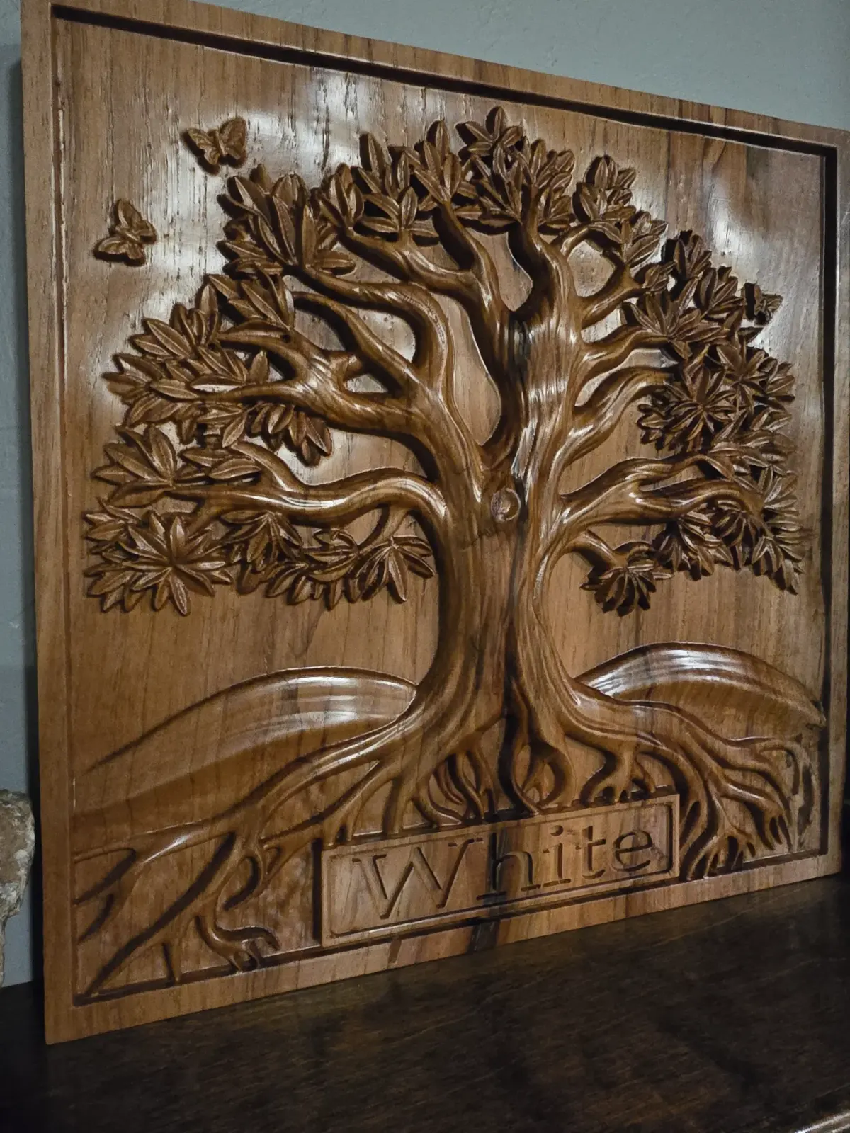 Family tree CNC relief carving in hardwood