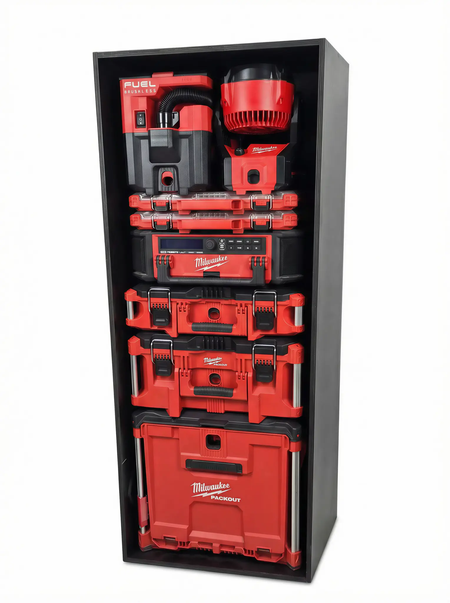 Trade-Mod Tall Open Shelf Cabinet loaded with Milwaukee tools